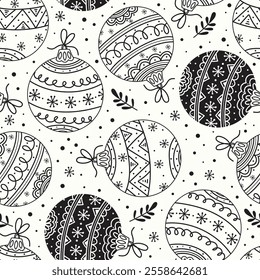 Hand drawn seamless pattern with cute Christmas tree decorations, baubles. doodle style New Year baubles print. Vector design in monochromatic black and white.