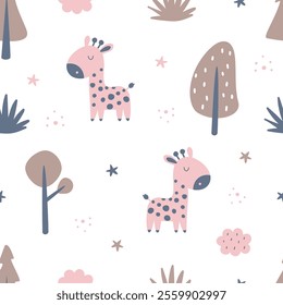 Hand drawn seamless pattern with cute giraffe and forest. Cartoon animal design. Use for prints, textiles, fabric, wallpaper, stationery, nursery, wrapping paper, etc.