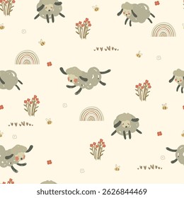 Hand drawn seamless pattern with cute sheeps, flowers, bees and hearts. Vector illustrtaion.	
