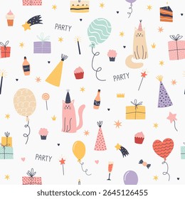 Hand drawn seamless pattern with cute party cats, balloons, cupcakes, gifts, and festive decorations. Whimsical and playful birthday celebration design for wrapping paper, kids' textiles