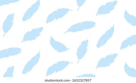 Hand drawn seamless pattern with cute blue feathers. Perfect for fabric, wrapping paper, backgrounds, covers, kids design, boho and natural themes. Soft and airy repeating design.