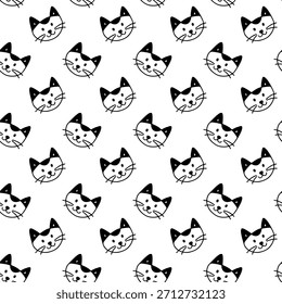 Padrão sem costura desenhado à mão com cabeças de gato bonitinhas. Fundo do animal de estimação vetorial. 