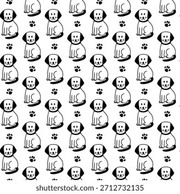 Hand drawn seamless pattern with cute dog and paw prints. Vector pet background. 