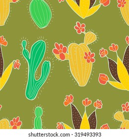 Hand drawn seamless pattern of cute doodles cacti with flowers . Colorful vector background for textile, fashion fabric, wallpaper, wrapping paper etc