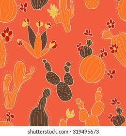 Hand drawn seamless pattern of cute doodles cacti with flowers . Colorful vector background for textile, fashion fabric, wallpaper, wrapping paper etc