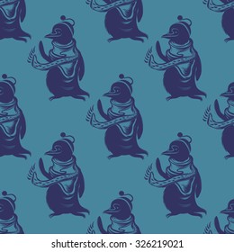 Hand drawn seamless pattern with cute little penguin in winter hat and scarf. Vector line art.