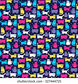 Hand drawn seamless pattern with cute colorful cats and dots. Bright colors. Vector background for kids.