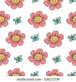 Hand drawn seamless pattern with cute flowers and butterfly. Happy birthday vector illustration, design elements in doodle style.