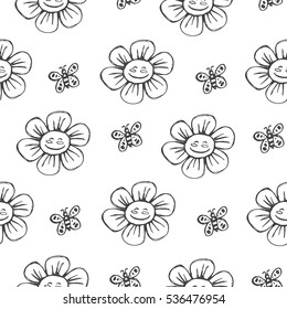Hand drawn seamless pattern with cute flowers and butterfly. Happy birthday vector illustration, design elements in doodle style.