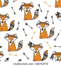 hand drawn seamless pattern with cute fox