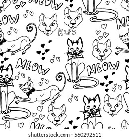 Hand drawn seamless pattern. Cute cats, hearts, doodles. Monochrome illustration. Sketches
