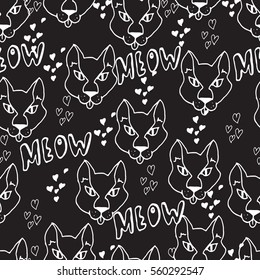 Hand drawn seamless pattern. Cute cats, hearts, doodles. Monochrome illustration. Sketches