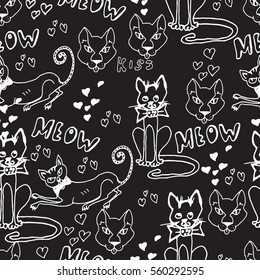 Hand drawn seamless pattern. Cute cats, hearts, doodles. Monochrome illustration. Sketches