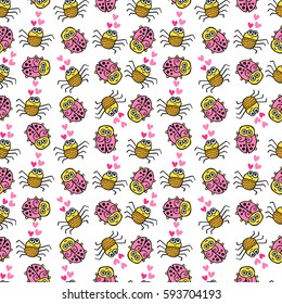 Hand drawn seamless pattern with cute insects. Vector spring background for valentine's day, wedding, greeting card, prints. Cartoon doodle background with ladybugs and spiders.