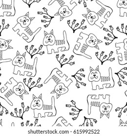 Hand drawn seamless pattern with cute animals and flowers. Vector spring background for valentine's day, wedding, greeting card, prints. Cartoon doodle background.