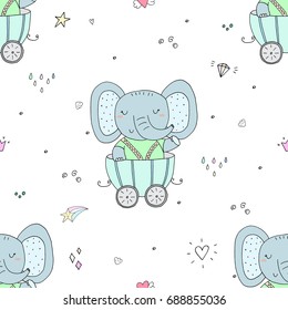 Hand drawn seamless pattern with Cute elephant In the trailer. Pattern print for kids.