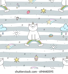 Hand drawn seamless pattern with cute cat on a rainbow, doodle illustration for kids, vector print