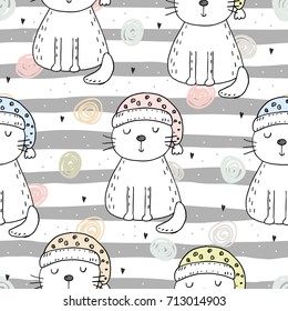 Hand drawn seamless pattern with cute cat, doodle illustration for kids, vector print