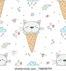 Hand drawn seamless pattern with cute cat, doodle illustration for kids, vector print