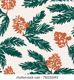 Hand drawn seamless pattern with cute Christmas tree branches for your design. Custom vector illustration. Can be used for banners, cards, prints, posters, stamps, scrapbooks, wrapping paper, etc. 