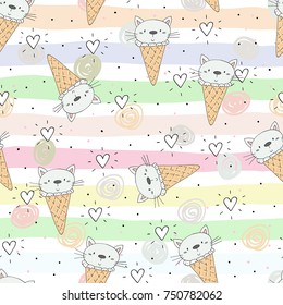 Hand drawn seamless pattern with cute cat, doodle illustration for kids, vector print