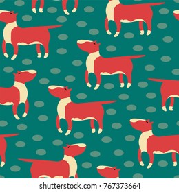 Hand drawn seamless pattern with cute bull terrier. Vector illustration in trendy retro style.