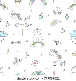 Hand drawn seamless pattern with cute cat on a rainbow, doodle illustration for kids, vector print