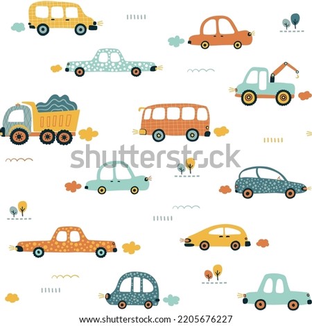 Kid’s hand drawn seamless pattern with cute cars Foto stock © 