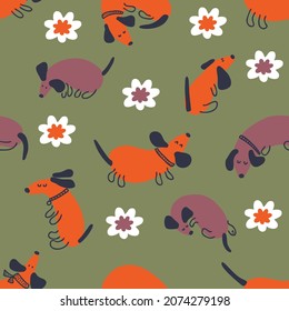 Hand drawn seamless pattern with dachshunds and flowers. Perfect for T-shirt, postcard, textile and print. Doodle vector illustration for decor and design.
