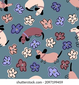 Hand drawn seamless pattern with dachshunds and flowers. Perfect for T-shirt, postcard, textile and print. Doodle vector illustration for decor and design.
