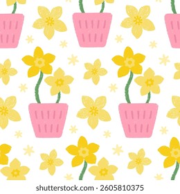 Hand drawn seamless pattern with daffodils in a pink pot.