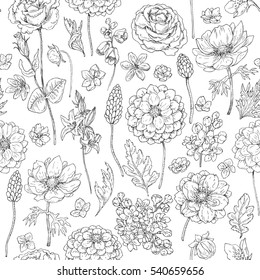 Hand drawn seamless pattern with dahlia, anemone, petal and leaves. Black and white doodle flowers and grass. Monochrome floral elements. Vector sketch.