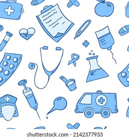 Patrón sin fisuras de las necesidades diarias. Artículos médicos y de atención de la salud. Ilustración vectorial. Salud y Atención. Diseño para clínicas, hospitales, farmacias, afiches médicos.