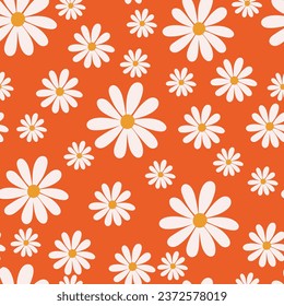 Hand drawn seamless pattern daisy. Cute daisies bright orange background. Simple vector print white flowers in Liberty style. Botanical illustration for the design of fabric, socks, backpack, cover.