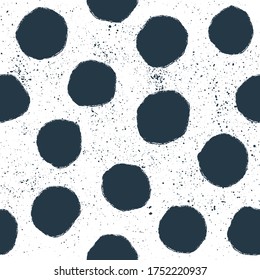 Hand drawn seamless pattern with dark blue polka dots. Dry brush ink illustration. Abstract vector background.