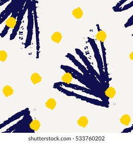 Hand drawn seamless pattern in dark blue and yellow on cream background.