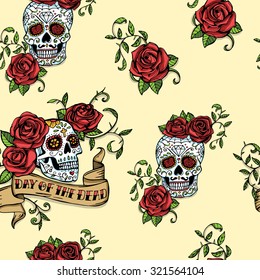 Hand drawn seamless pattern. Day of dead Mexican sugar skulls decorated with red roses and vintage ribbon with lettering. 