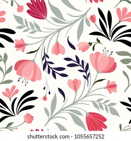 Hand drawn seamless pattern with decorative flowers and plants, white background