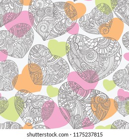hand drawn seamless  pattern with decorative hearts