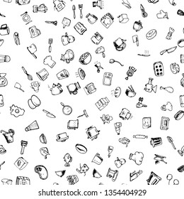 Hand drawn seamless pattern with decorative cooking icons. Vector sketch background with kitchen utensils, vegetables, cooking hob, products, kitchenware. Doodle elements.