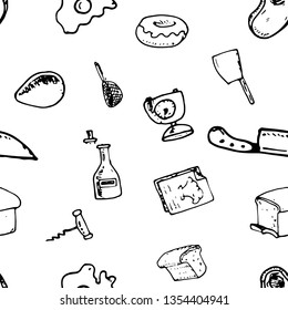 Hand drawn seamless pattern with decorative cooking icons. Vector sketch background with kitchen utensils, vegetables, cooking hob, products, kitchenware. Doodle elements.