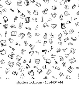 Hand drawn seamless pattern with decorative cooking icons. Vector sketch background with kitchen utensils, vegetables, cooking hob, products, kitchenware. Doodle elements.