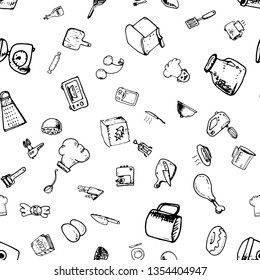 Hand drawn seamless pattern with decorative cooking icons. Vector sketch background with kitchen utensils, vegetables, cooking hob, products, kitchenware. Doodle elements.