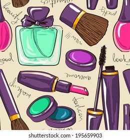 hand drawn seamless pattern of decorative cosmetics