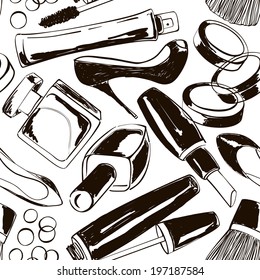 Hand drawn seamless pattern of decorative cosmetics, perfume and high-heeled shoes