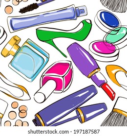 Hand drawn seamless pattern of decorative cosmetics, perfume and high-heeled shoes