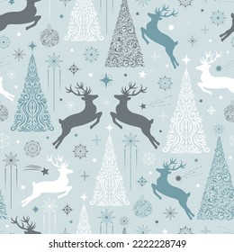 Hand drawn seamless pattern of decorative Christmas trees, reindeers, snowflakes, stars. Vector sketch elements. Christmas illustration for greeting card, wallpaper, wrapping paper, fabric, packaging