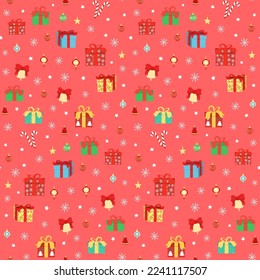 Patrón de acero inoxidable de vidrio decorativo bola de árbol de Navidad, copo de nieve, regalo. Feliz Año Nuevo y Navidad adornos de entrega ilustración navideña para tarjeta de saludo, fondo de pantalla, papel envolvente