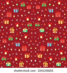 Hand drawn seamless pattern of decorative glass Christmas tree ball, snowflake, gift. Happy New Year and Christmas drop ornaments holiday illustration for greeting card, wallpaper, wrapping paper