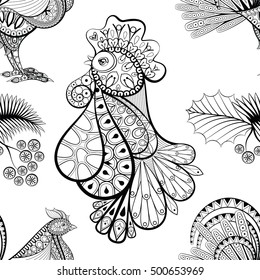 Hand Drawn Seamless Pattern of Decorative Cock with mistletoe and fir branch. Vector illustration in doodle zentangle style. Sketch for wallpaper, pattern fills, New Year posters and greeting cards